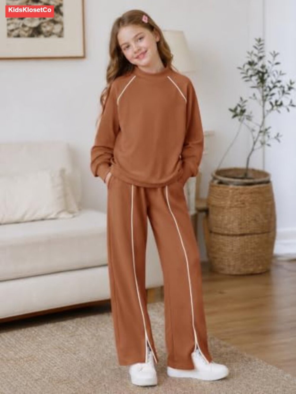 Girls 2 Piece Sweatshirt Wide Leg Pants Set Raglan Sleeve Split Hem - Picture 2 of 6
